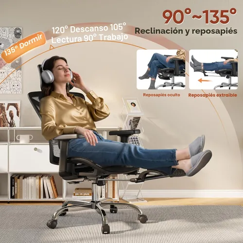 Miniatura 8 de Silla de oficina ergonómica con reposapiés, silla de escritorio cómoda con soporte lumbar ajustable 3D y reposabrazos y reposacabezas, inclinación