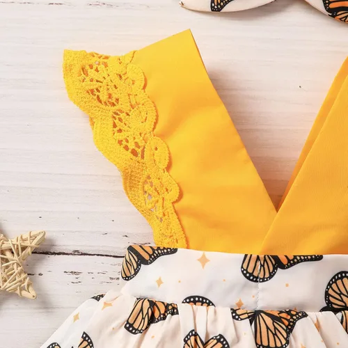 Miniatura 5 de Mameluco con estampado de manga mosca de encaje para niñas recién nacidas, conjunto de diadema para baile 2t (amarillo, 0-3 meses)