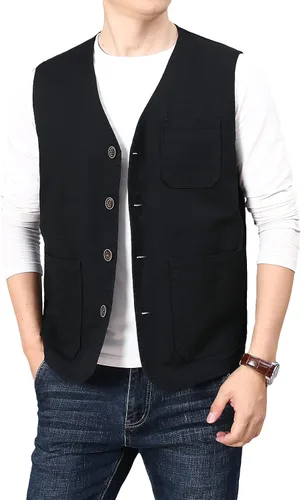 Miniatura 4 de PRIJOUHE Chaleco casual de algodón para hombre, ligero y transpirable, con múltiples bolsillos, para pesca, safari, viajes, al aire libre