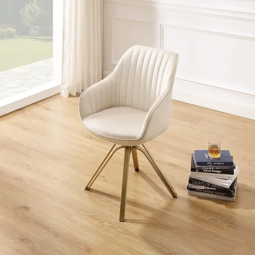 Miniatura 5 de Art Leon Silla giratoria moderna de mediados de siglo, silla de escritorio sin ruedas, sillón tapizado de tela con patas doradas, blanco roto Blanco