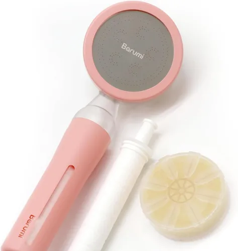 Barumi Pluo - Cabezal de ducha filtrado de mano, color rosa, filtro de vitamina C para una piel y cabello saludables, spray suave de alta presión,