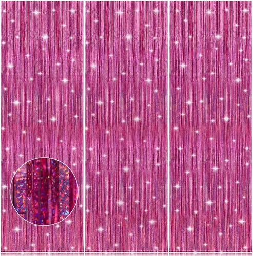 Accevo Paquete de 3 cortinas de flecos de papel de aluminio con purpurina de 3.2 x 8.2 pies, decoración de fiesta rosa, serpentinas de oropel Rosado