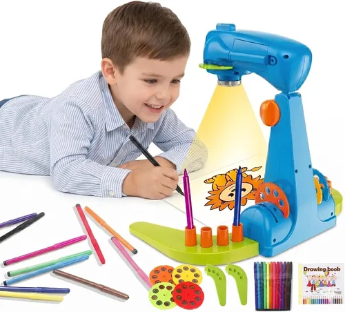 Proyector de Dibujo para Niños, Juguetes de Dibujo Inteligente con Proyector, con 32 Patrones de Dibujos Animados y 12 Pinceles de Colores para que