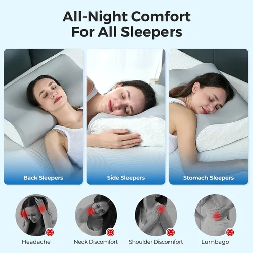 Miniatura 5 de Elviros Almohadas de espuma viscoelástica para aliviar el dolor de cuello, almohada ortopédica ergonómica de altura ajustable para dormir, almohada