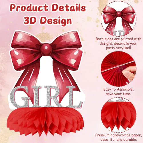 Miniatura 3 de Centros de Mesa de Panal de Arco Rojo para Fiesta de Niña, Decoración de Mesa Coquette para Baby Shower, Suministros para Fiesta de Revelación