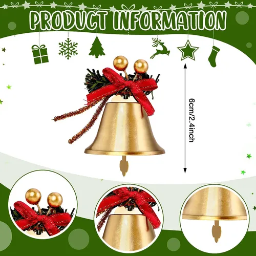 Miniatura 2 de Campanas Doradas de Navidad, 12 piezas Cascabeles de Metal Dorado de 2.4 pulgadas con Lazo Rojo y Adorno Colgante de Árbol de Bayas, Cascabel