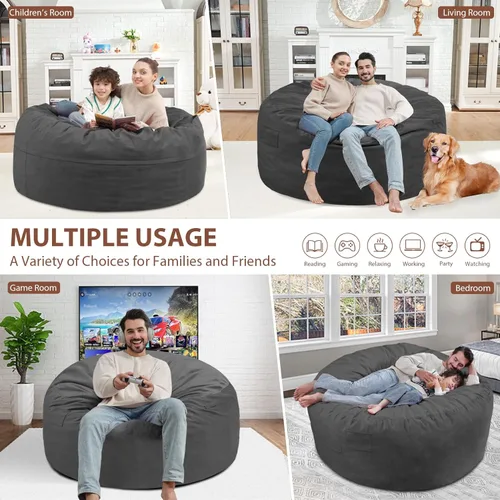 Miniatura 272 de Puf de 5 pies, puf grande con relleno de espuma viscoelástica, sofá puff esponjoso con funda de terciopelo holandés, puf redondo para sala de estar