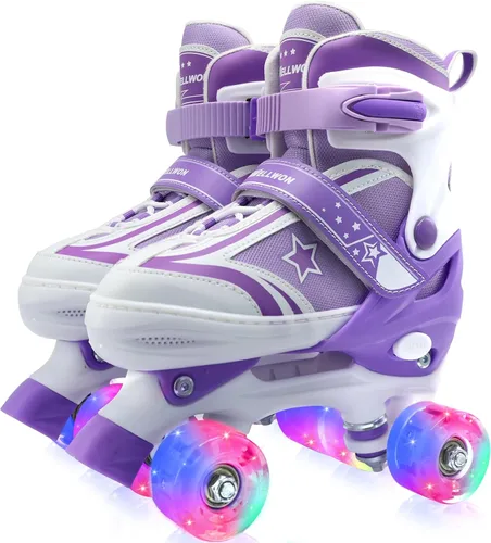 Kids Roller Skates for Boys Girls, 4 Size Adjustable Kids Rollerskates with Light Up Wheels Roller Skates for Boys Girls Ages 5-8 8-12 2-Púrpura