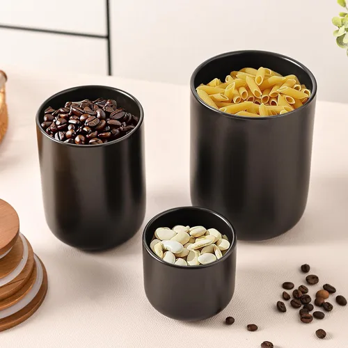 Miniatura 5 de Juego de recipientes de cerámica negra con tapas de bambú, tarros herméticos de almacenamiento de alimentos de 3 piezas para cocina, harina, azúcar