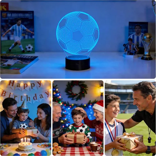 Miniatura 6 de FULLOSUN Luz nocturna para niños, fútbol, lámpara de ilusión óptica 3D con control remoto, 16 colores cambiantes, fútbol, cumpleaños, Navidad, día