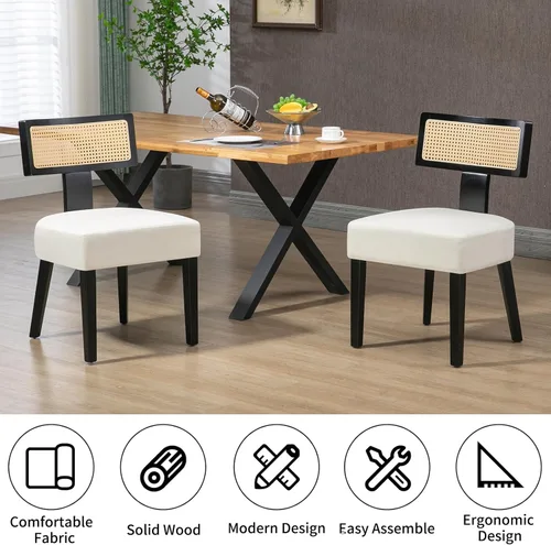 Miniatura 4 de ZJhome Juego de 4 sillas de comedor de ratán tapizadas de tela moderna de mediados de siglo con marco de madera dura negra, respaldo curvado, silla