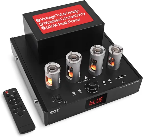Pyle Receptor amplificador Bluetooth con 4 tubos de vacío, sistema estéreo de audio doméstico de alta fidelidad de 500 W, lector USB, entradas de