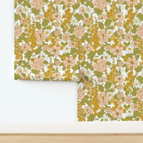 Miniatura 4 de Papel tapiz autoadhesivo para despegar y pegar, papel tapiz vintage de los años 70 con diseño floral retro bohemio, rosa y verde, papel tapiz