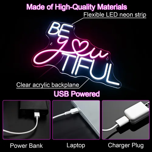 Miniatura 3 de Horseneon Letrero LED de neón con texto en inglés "Be You Tiful", rectangular, color rosa, 16.5 x 11.6 pulgadas, montaje en pared, tema de amor