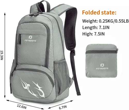 Miniatura 2 de FENGDONG mochila ligera plegable impermeable de 35L, mochila de senderismo pequeña para viajes, para hombres y mujeres Actualización gris A4