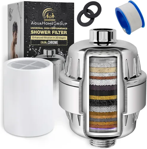 AquaHomeGroup Filtro de cabezal de ducha de 20 etapas con vitamina C E A para agua dura, filtro de alto rendimiento para eliminar el cloro y el Cromo