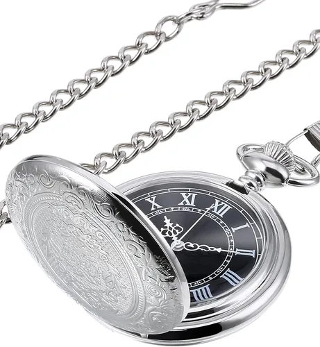Miniatura 8 de Reloj de bolsillo de cuarzo para hombre con esfera negra y cadena
