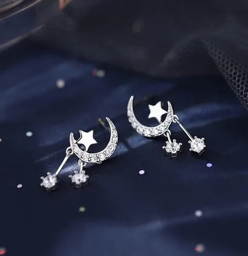 Miniatura 3 de Reffeer 925 Sterling Silver Crescent Moon Star Earrings Studs for Women Teen Girls CZ Moon Studs Earrings Star Tassel Earrings
