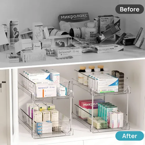Miniatura 6 de Vtopmart - Organizadores de baño de 2 niveles, 2 piezas, transparentes, bajo el fregadero, almacenamiento para tocador o encimera, cajones