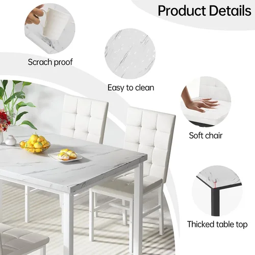Miniatura 6 de Hooseng Juego de mesa de cocina de 5 piezas, juego de mesa de comedor de mármol, 4 sillas, juego de mesa de comedor para cocina, sala de estar, Negro