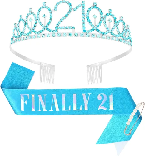 CAVETEE Diadema de cumpleaños para mujer, decoraciones de cumpleaños número 21, banda y corona para fiesta de 21 años (azul, talla única)