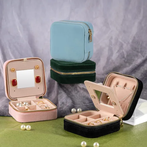 Miniatura 3 de Smileshe Joyero de terciopelo para mujeres y niñas, pequeño organizador de viaje con espejo, mini estuche de regalo portátil, cajas