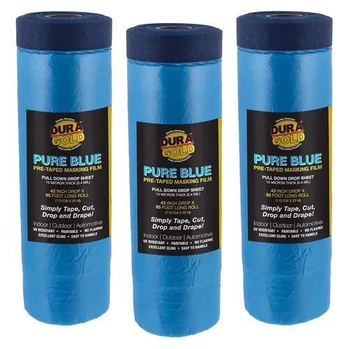 Dura-Gold Película de enmascaramiento precintada azul puro de 43 x 65 pies, paquete de 3 rollos de plástico para pintores (0.4 mil), hoja de caída