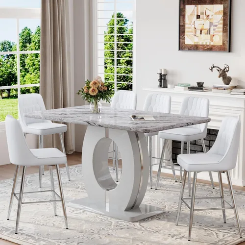 Miniatura 11 de Juego de mesa de comedor de mármol de 63 pulgadas para 6, moderno juego de mesa de comedor de altura de mostrador, mesa alta gris con taburetes