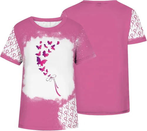 Miniatura 4 de Womens Breast Cancer Awareness Shirt Pink Ribbon Butterfly T Shirt Motivational Short Sleeve Tops Tee Shirts