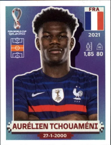 2022 Panini World Cup Soccer Sticker #FRA14 Aurelien Tchouameni France Group D Official Qatar WC Album Sticker in Raw (NM or Better) - Measuring 2