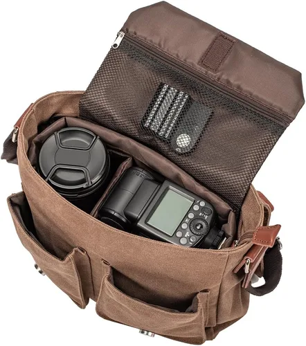 Miniatura 3 de morral de cuero y lona para computadora portátil + morral de lona para cámara Dslr Slr, marrón (2)