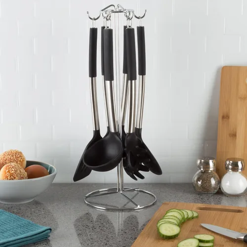Classic Cuisine - Juego de utensilios de cocina de 7 piezas, herramientas y soporte de cocina de acero inoxidable y silicona, resistente al calor y
