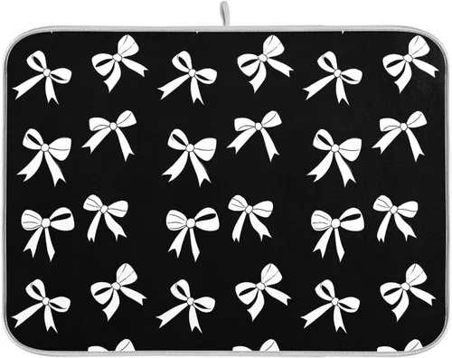 Tapete de secado de platos Wamika con lazo negro para encimera de cocina 16x18, lazo de moño coqueto, tapete rectangular pequeño de secado