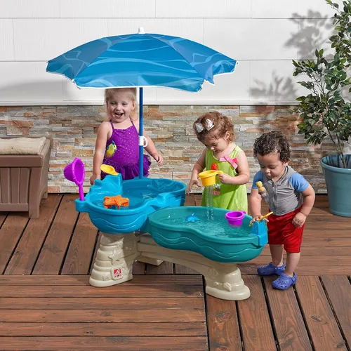 Miniatura 2 de Step2 Mesa de agua marítima para derrame y salpicadura, juego sensorial de dos niveles para actividades de agua y arena, viene con paraguas