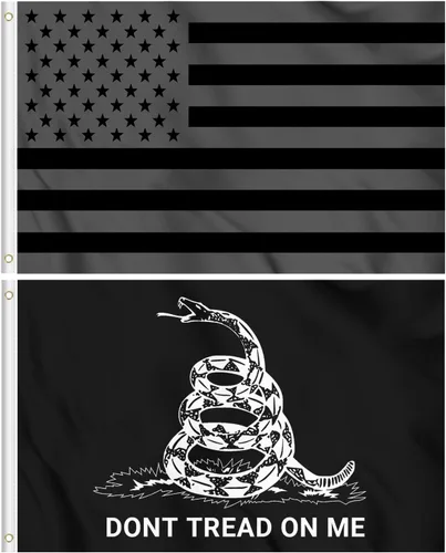 Bandera estadounidense All Black Out – Don't Tread On Me Gadsden de 3 x 5 pies, paquete de 2 pancartas de pared para casa, porche, patio, césped,
