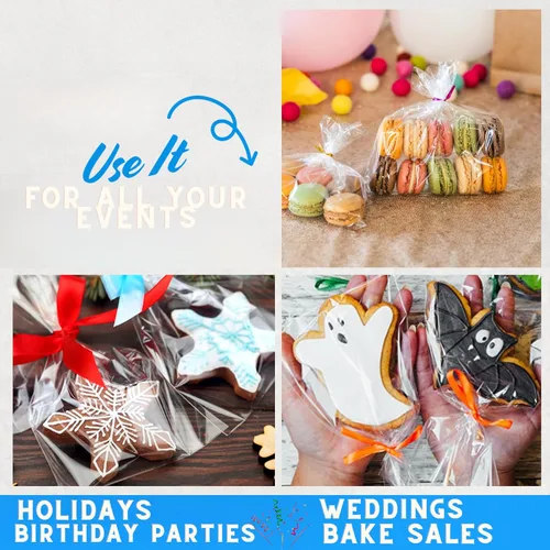 Miniatura 6 de TATTI Paquete de 200 bolsas de celofán transparentes para regalos, bolsas transparentes para fiestas de cumpleaños, bolsas transparentes de 6 x 9