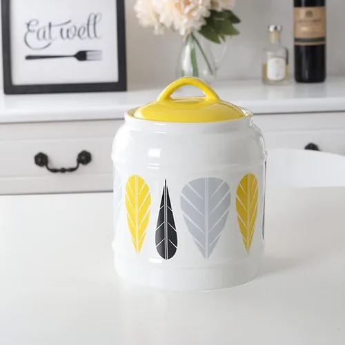 Miniatura 3 de Recipiente de cocina hermético con tapas, diseño simple y fresco recipiente de cerámica para almacenamiento de alimentos - Hojas amarillas