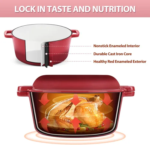 Miniatura 3 de TeamFar Horno holandés de hierro fundido esmaltado 2 en 1, olla holandesa de 5 cuartos de galón con tapa de sartén para hornear pan, estofado, Rojo