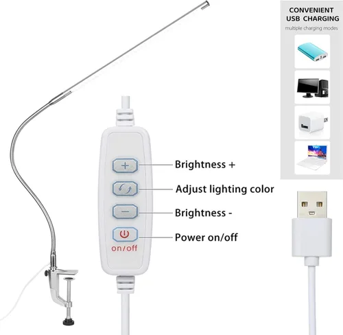Miniatura 4 de Lámpara de escritorio con abrazadera, 3 modos, 10 brillo, rotación de 360°, luz de lectura para cuidado de los ojos, cuello de cisne flexible de 8 W