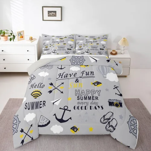 Miniatura 30 de Juego de edredón de casa del lago, tamaño individual, juego de ropa de cama con ancla náutica para niños, adolescentes y adultos, edredón retro