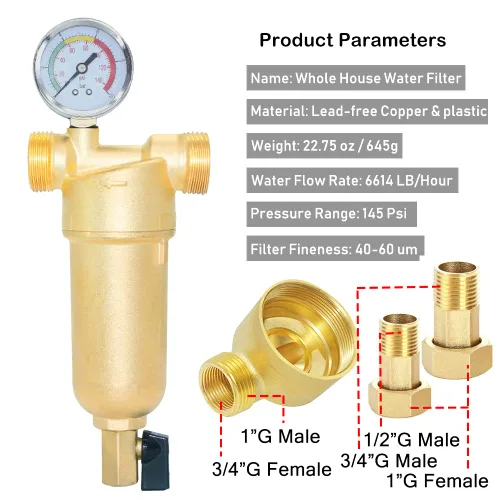Miniatura 2 de Beduan Filtro de agua de sedimentos reutilizable para toda la casa, protector de sistema de prefiltro de 1 pulgada, rosca macho y hembra de 3/4