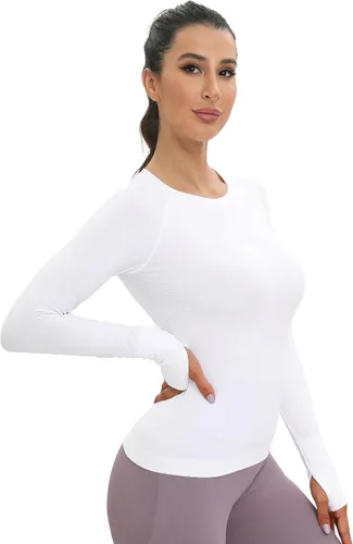 Miniatura 3 de MathCat Camisetas de Entrenamiento sin Costuras para Mujeres de Manga Larga para Yoga y Correr, Transpirables, con Agujeros para el Pulgar, Tops