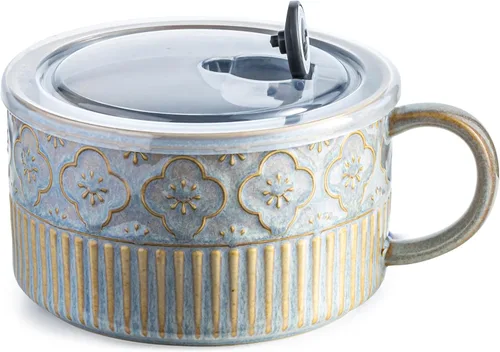 Miniatura 10 de Gomakren Tazón de sopa con asa de 39 onzas, cuenco de ramen para microondas con tapa, recipiente de sopa de cerámica para ramen, cereales, oficina