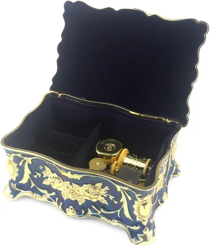 Miniatura 10 de ROSIKING Caja de música de aleación de metal en relieve en forma de corazón azul, caja musical antigua para joyería con cuerda, regalos