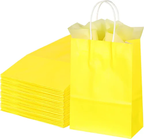 BLEWINDZ 32 Bolsas Pequeñas de Papel para Regalos con Papel de Seda, Bolsas Amarillas para Obsequios de Fiesta con Asas, Bolsa de Golosinas de 8.7"