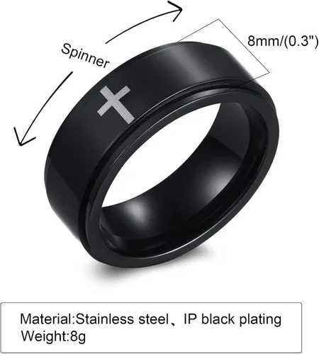 Miniatura 2 de Ropartman Anillo giratorio de acero inoxidable para hombres, anillos plateados y negros para la ansiedad, anillo de cruz de oración para aliviar