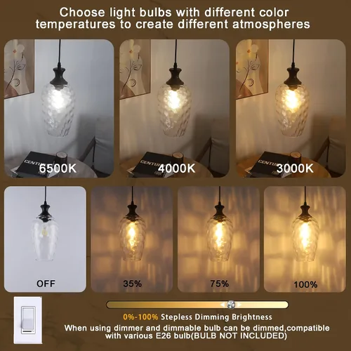 Miniatura 4 de Luces colgantes de cristal para isla de cocina, 1 luz negra con vidrio transparente soplado a mano, lámpara colgante de granja para fregadero