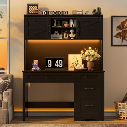 Miniatura 18 de Escritorio ejecutivo de granja de 67 pulgadas de alto con gabinete, mesa de oficina con luz LED y 4 cajones, escritorio para computadora