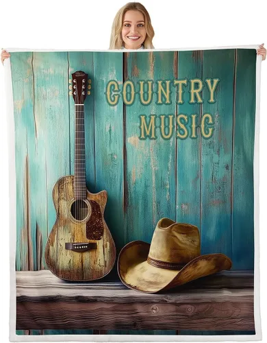 Miniatura 9 de Cowboy Boots Blanket Bohemia Musical Guitar Throw Blanket for Kids Western Rustic Cowgirl Super Soft Wrinkle Sherpa Blanket Music Notes Print 40x50