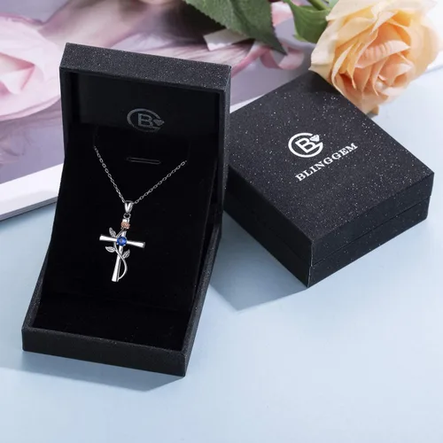 Miniatura 7 de BlingGem Collar de cruz para mujer, plata de ley 925, colgante de cruz de rosa, circonita cúbica 5A, 12 meses de nacimiento, joyería de cumpleaños